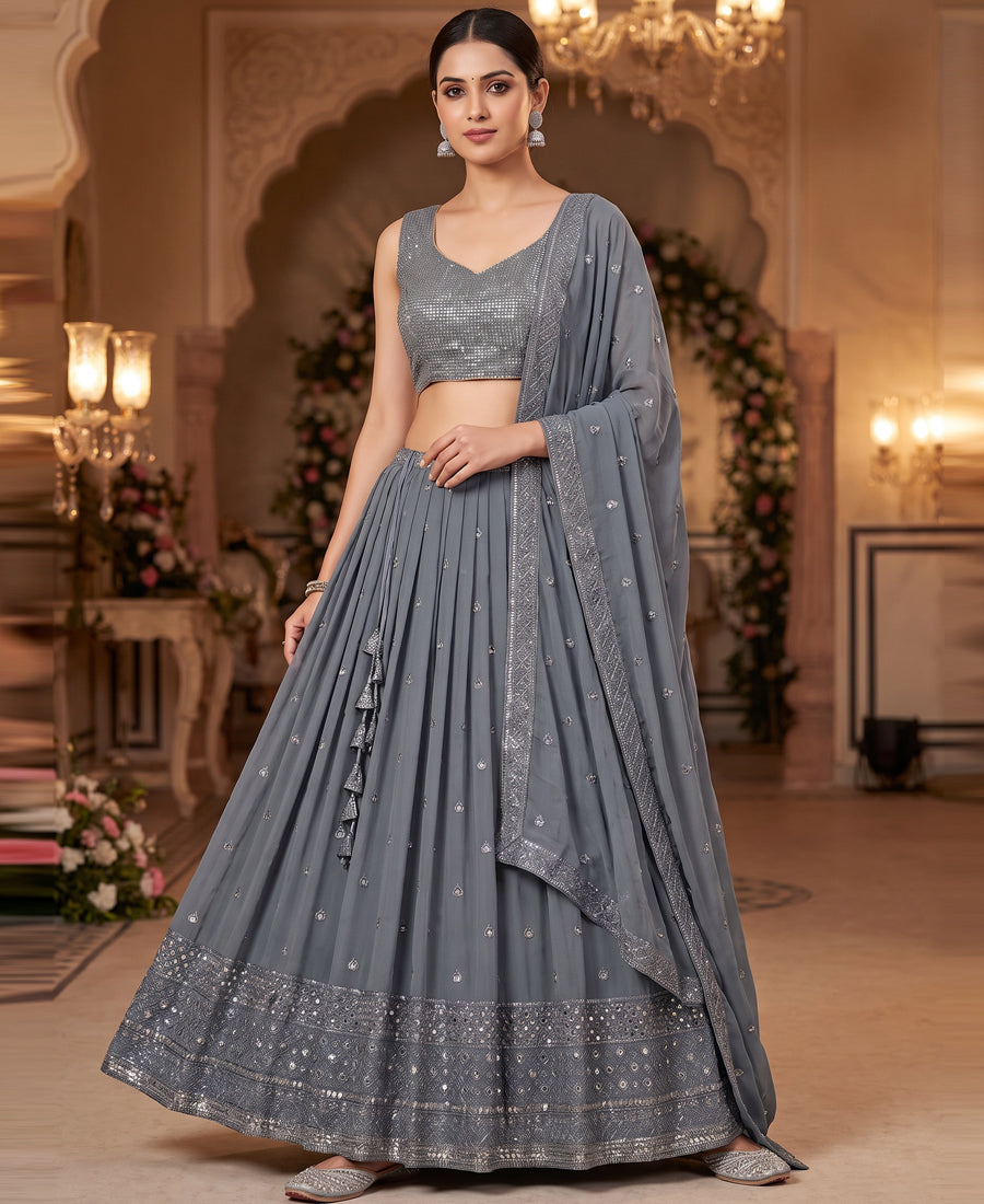 Grey color Georgette Sequins and Thread Work Lehenga Choli
