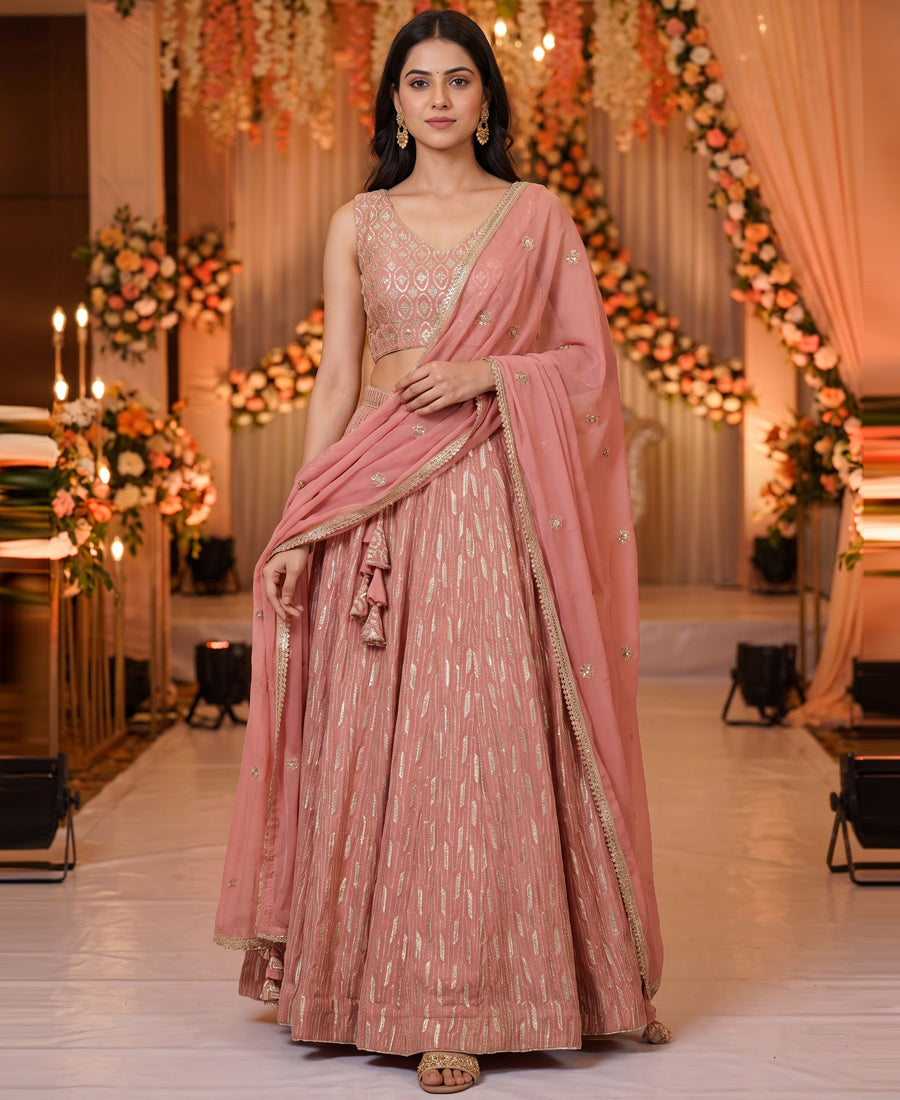 Baby Pink Color Sequins Embroidery Work Semi-Stiched Lehenga Choli