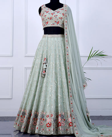 Light Green Color Sequins Embroidery Work Semi-Stiched Lehenga Choli