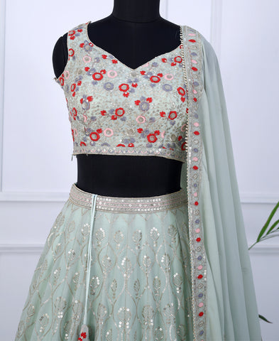 Light Green Color Sequins Embroidery Work Semi-Stiched Lehenga Choli