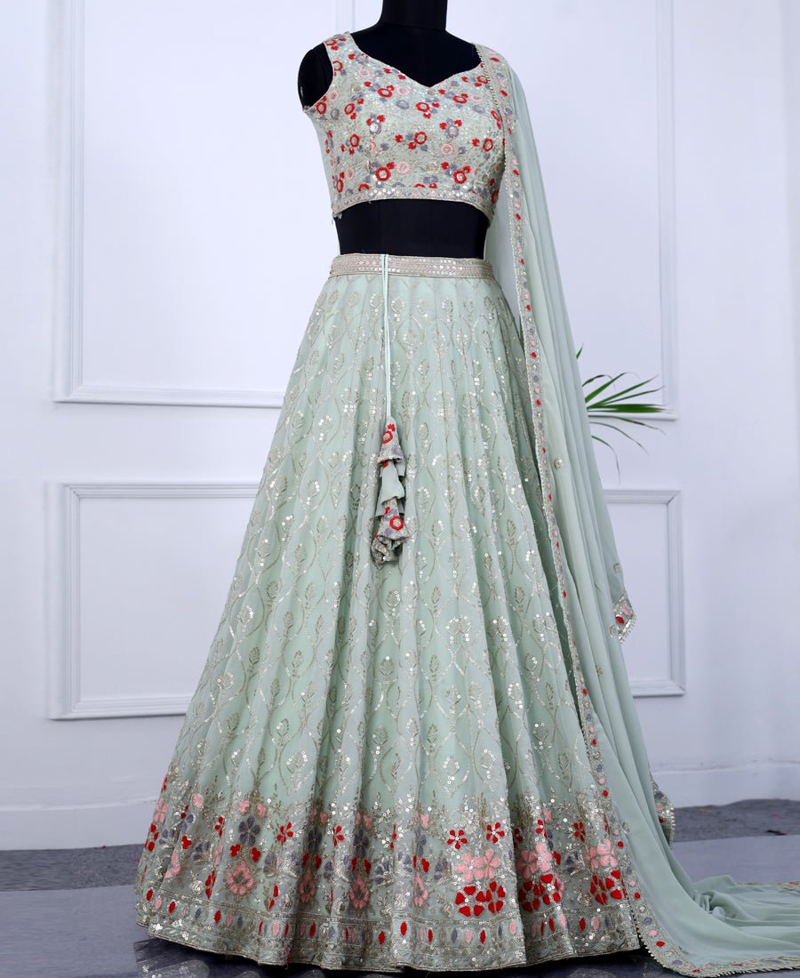 Light Green Color Sequins Embroidery Work Semi-Stiched Lehenga Choli