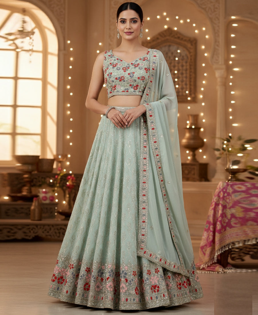 Light Green Color Sequins Embroidery Work Semi-Stiched Lehenga Choli