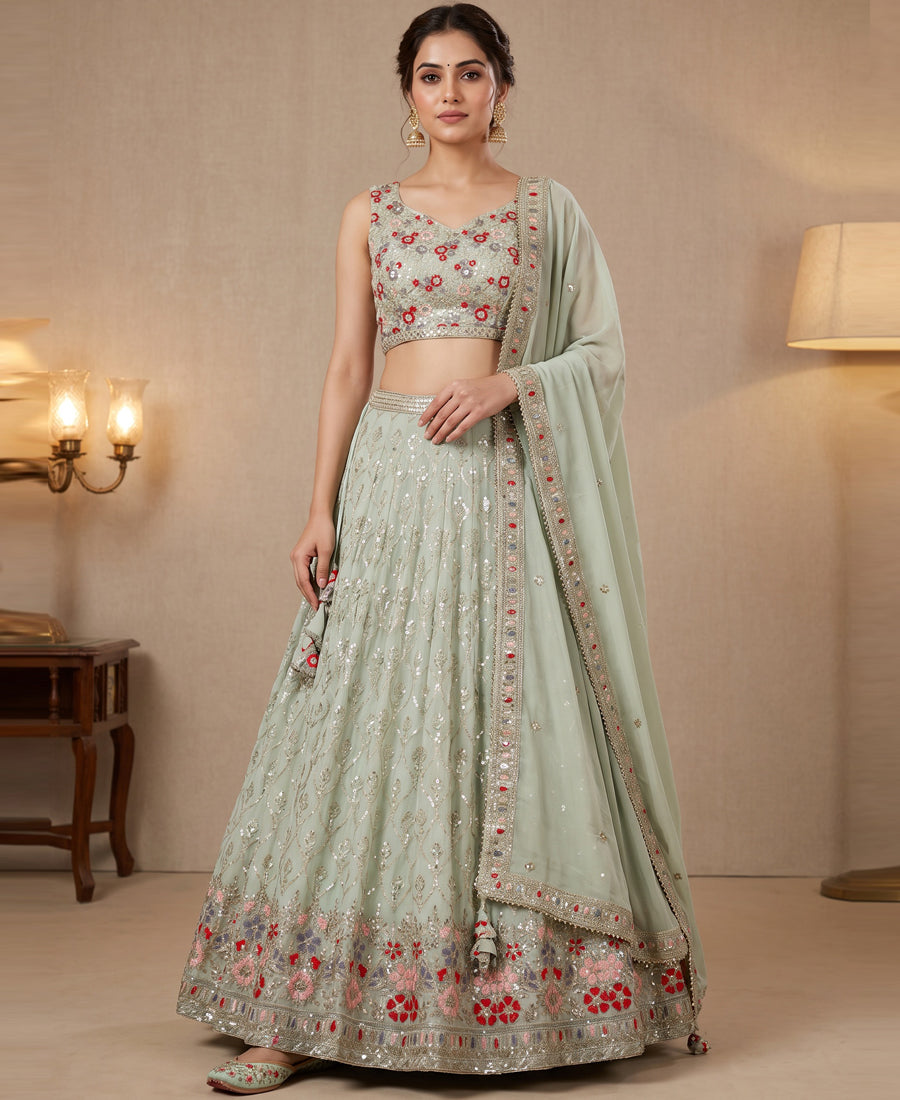 Light Green Color Sequins Embroidery Work Semi-Stiched Lehenga Choli