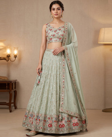 Light Green Color Sequins Embroidery Work Semi-Stiched Lehenga Choli