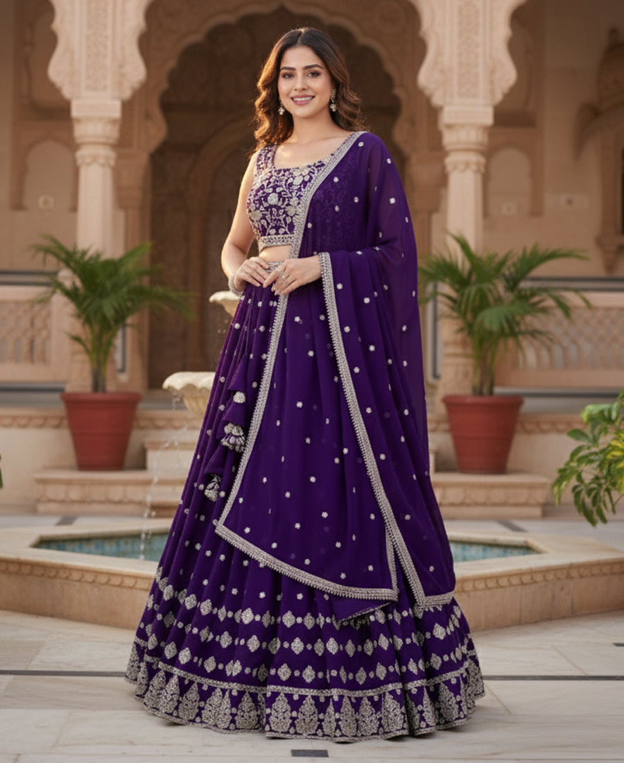 Blue Color Sequins Embroidery Work Semi-Stiched Lehenga Choli