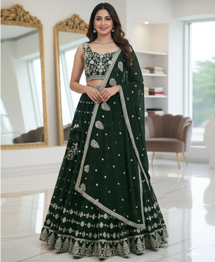 Dark Green Color Sequins Embroidery Work Semi-Stiched Lehenga Choli