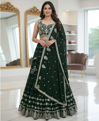Dark Green Color Sequins Embroidery Work Semi-Stiched Lehenga Choli