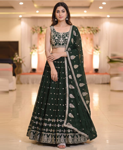 Dark Green Color Sequins Embroidery Work Semi-Stiched Lehenga Choli