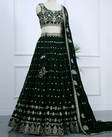 Dark Green Color Sequins Embroidery Work Semi-Stiched Lehenga Choli