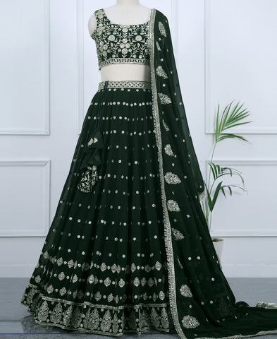 Dark Green Color Sequins Embroidery Work Semi-Stiched Lehenga Choli