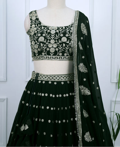 Dark Green Color Sequins Embroidery Work Semi-Stiched Lehenga Choli