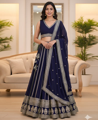 Blue Color Silver Zari and Sequins Work Lehenga Choli