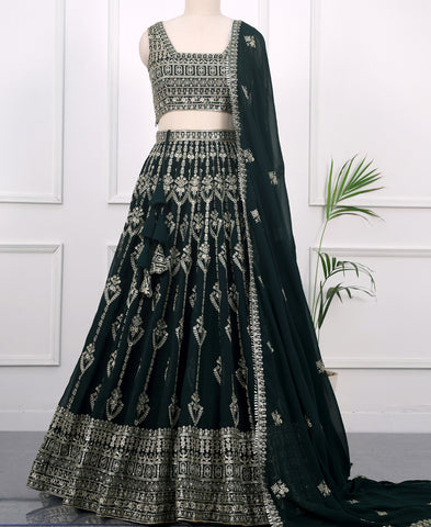 Dark Green Color Sequins Embriodery Work Lehenga Choli