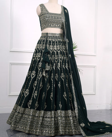 Dark Green Color Sequins Embriodery Work Lehenga Choli