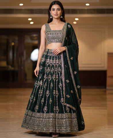 Dark Green Color Sequins Embriodery Work Lehenga Choli