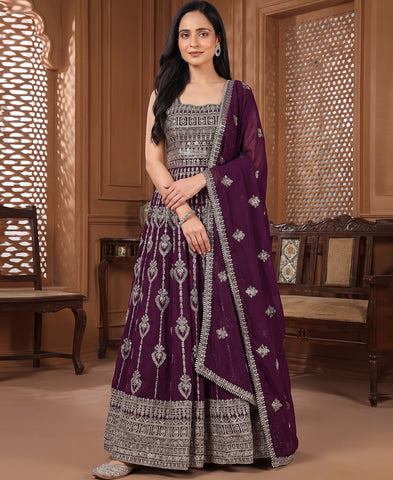 Dark Purple Golden Zari Work Georgette Lehenga Choli