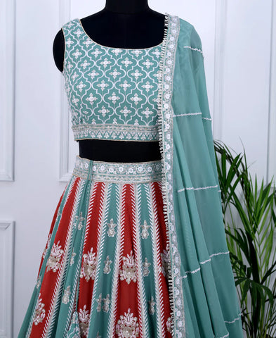 Multi Colour Georgette Sequins and Thread Embroidery Work Lehenga Choli