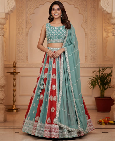Multi Colour Georgette Sequins and Thread Embroidery Work Lehenga Choli