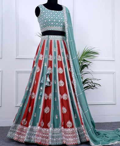 Multi Colour Georgette Sequins and Thread Embroidery Work Lehenga Choli