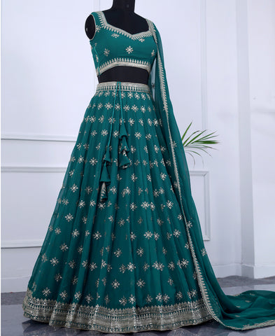 Teal Blue Sequins Embroidered Semi-Stitched Lehenga Choli