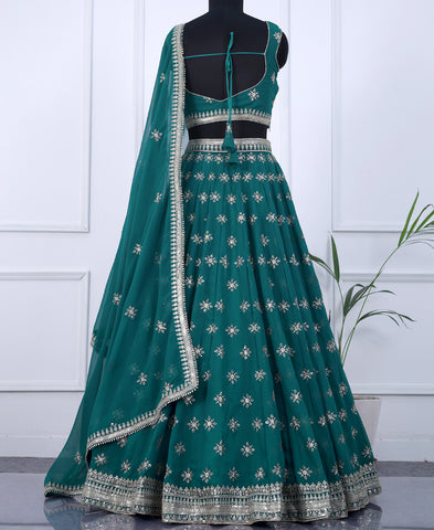 Teal Blue Sequins Embroidered Semi-Stitched Lehenga Choli