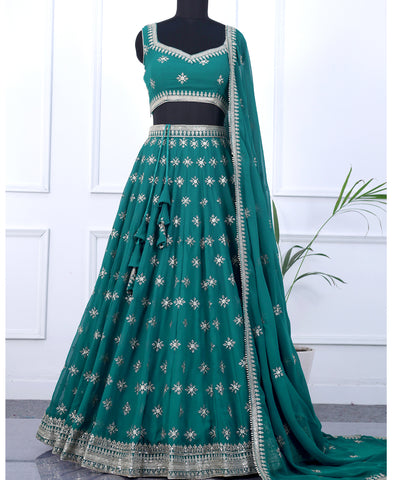 Teal Blue Sequins Embroidered Semi-Stitched Lehenga Choli