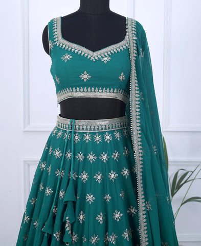 Teal Blue Sequins Embroidered Semi-Stitched Lehenga Choli