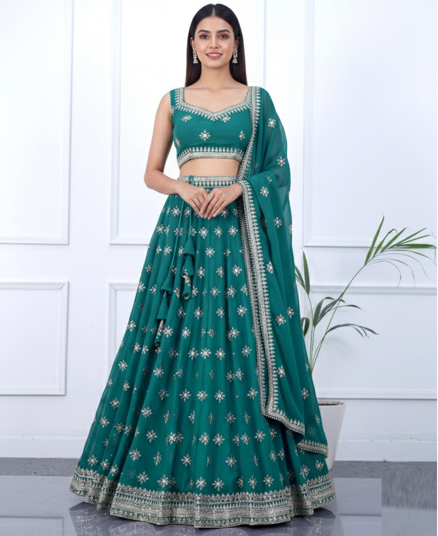 Teal Blue Sequins Embroidered Lehenga Choli