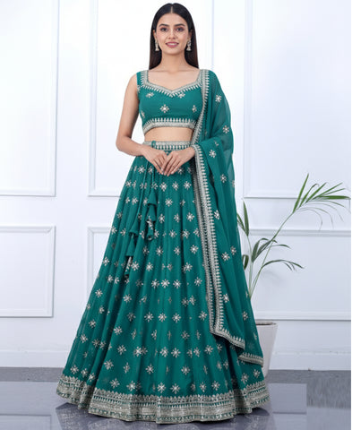 Teal Blue Sequins Embroidered Lehenga Choli