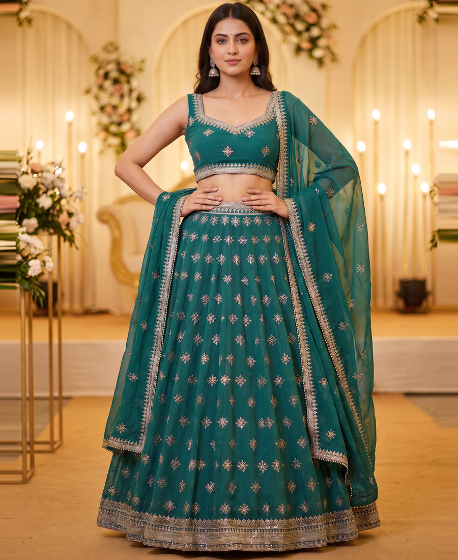Teal Blue Sequins Embroidered Lehenga Choli