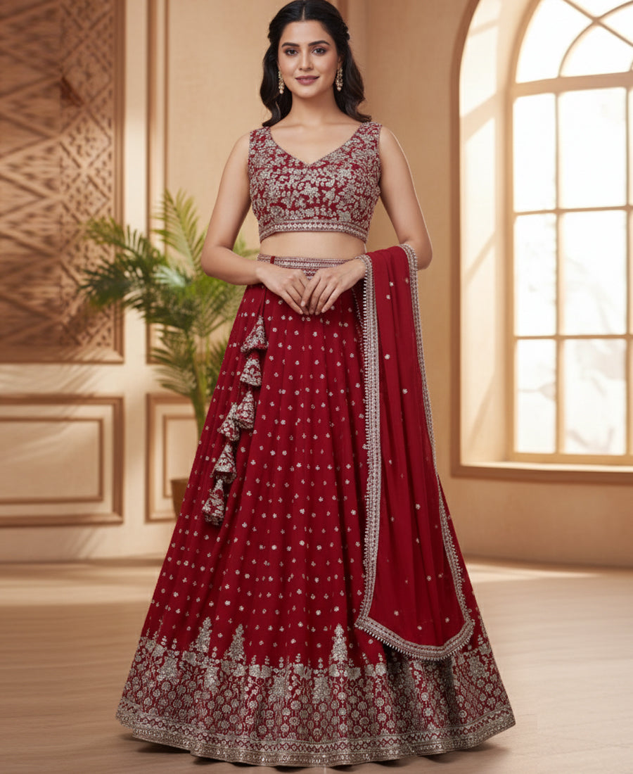 Red Sequins Embroidered Lehenga Choli