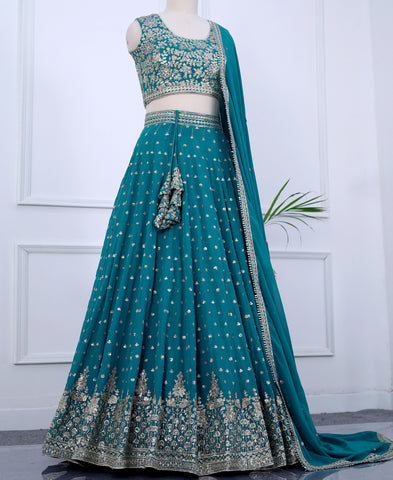Teal Blue Sequins Embroidered Lehenga Choli