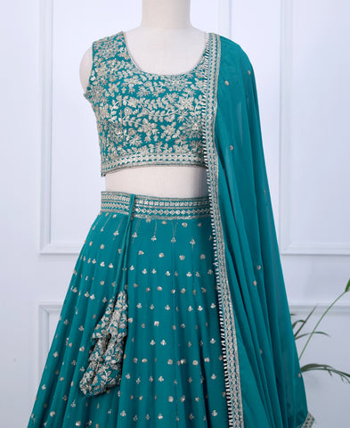 Teal Blue Sequins Embroidered Lehenga Choli