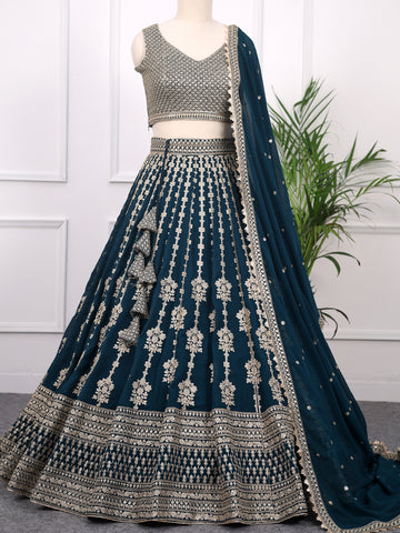 Bottle Green Georgette Sequins and Zari Work Lehenga Choli