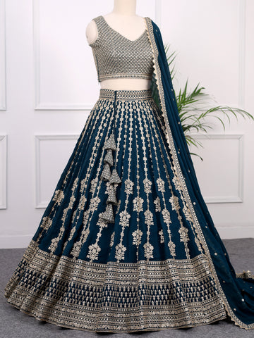 Bottle Green Georgette Sequins and Zari Work Lehenga Choli