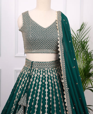 Bottle Green Georgette Sequins and Zari Work Lehenga Choli