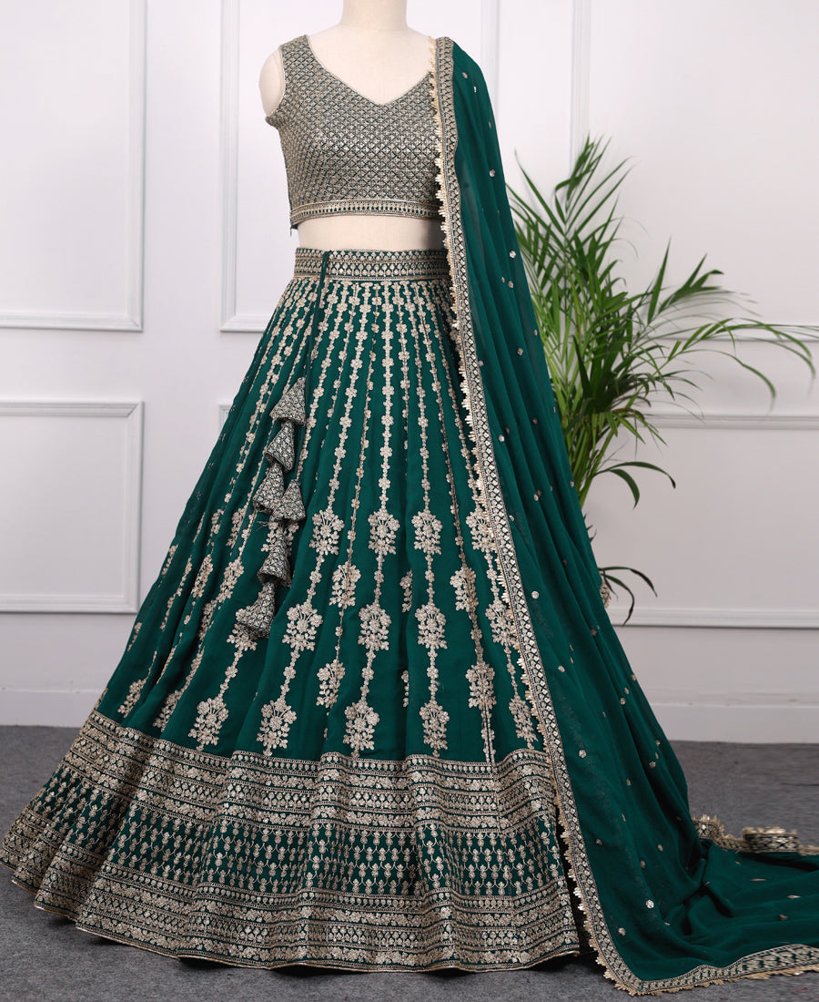 Bottle Green Georgette Sequins and Zari Work Lehenga Choli