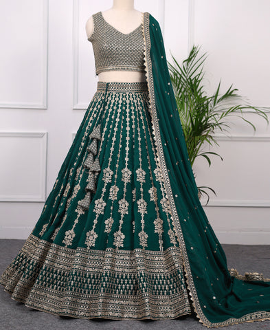 Bottle Green Georgette Sequins and Zari Work Lehenga Choli