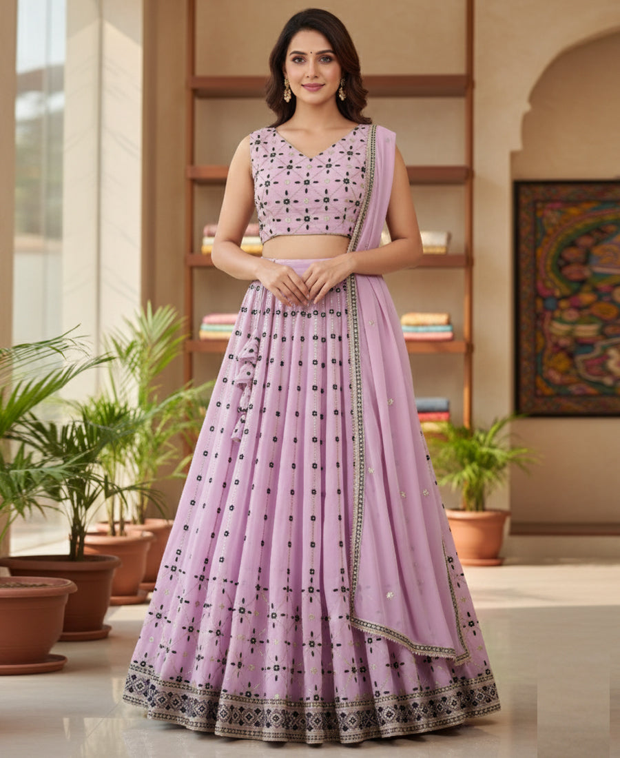 Oyster Pink Georgette Sequins Work Lehenga Choli