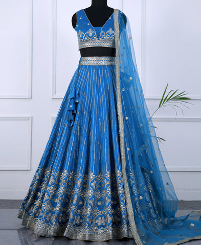 Blue Color Tapeta Silk Silver Zari and Sequins Work Lehenga Choli