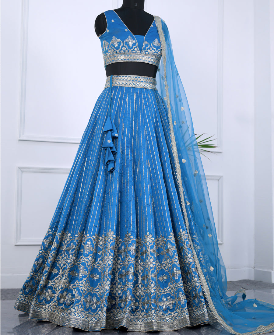 Blue Color Tapeta Silk Silver Zari and Sequins Work Lehenga Choli