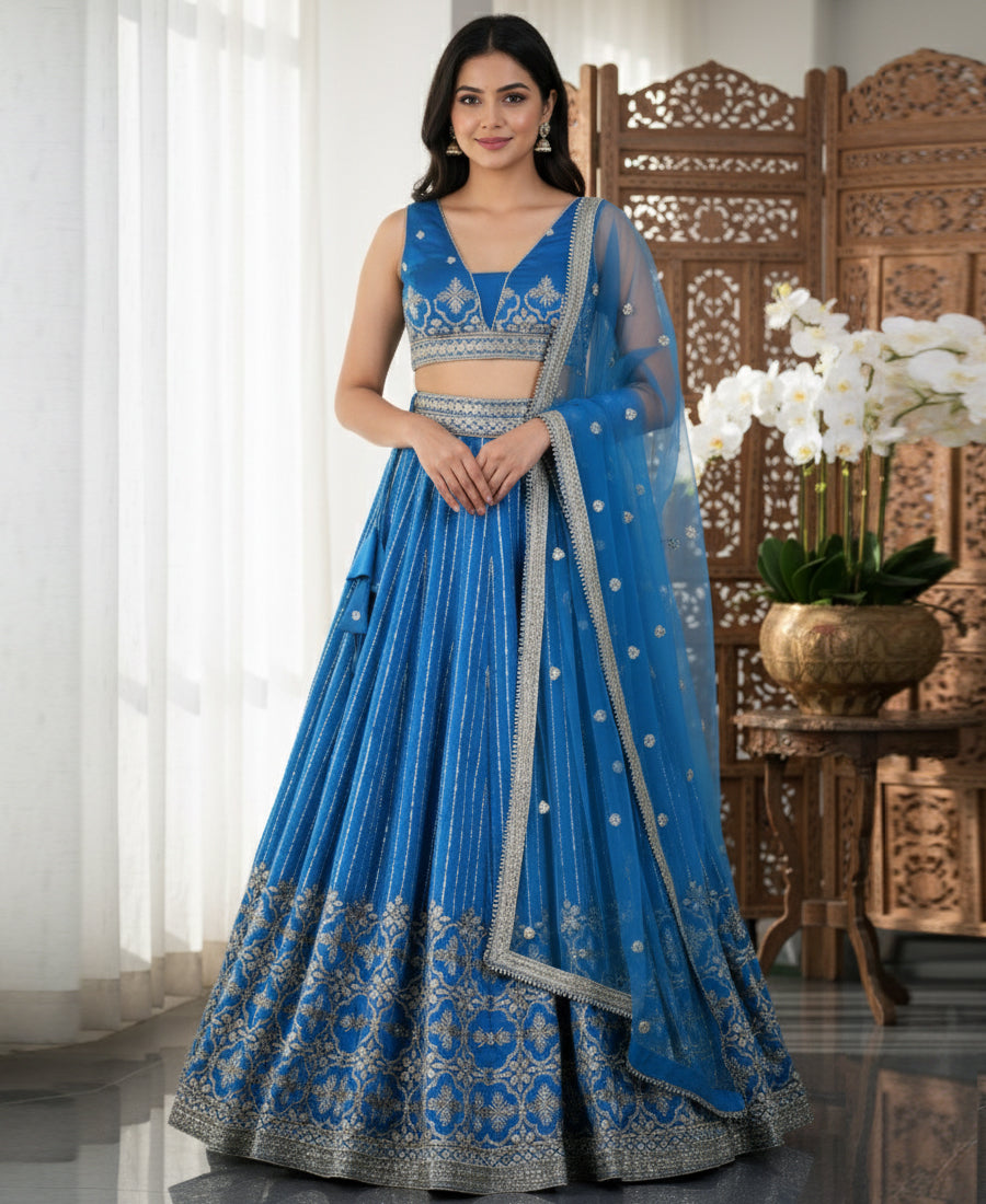 Blue Color Tapeta Silk Silver Zari and Sequins Work Lehenga Choli with Net Dupatta