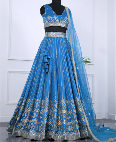 Blue Color Tapeta Silk Silver Zari and Sequins Work Lehenga Choli