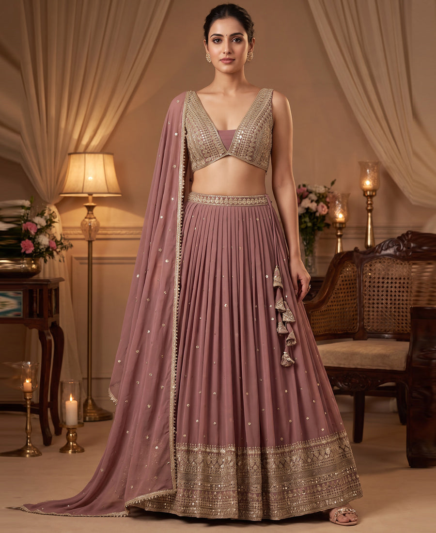Copper Rose Color Sequins Embroidery Lehenga Choli