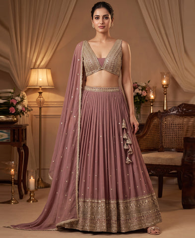 Copper Rose Color Sequins Embroidery Lehenga Choli