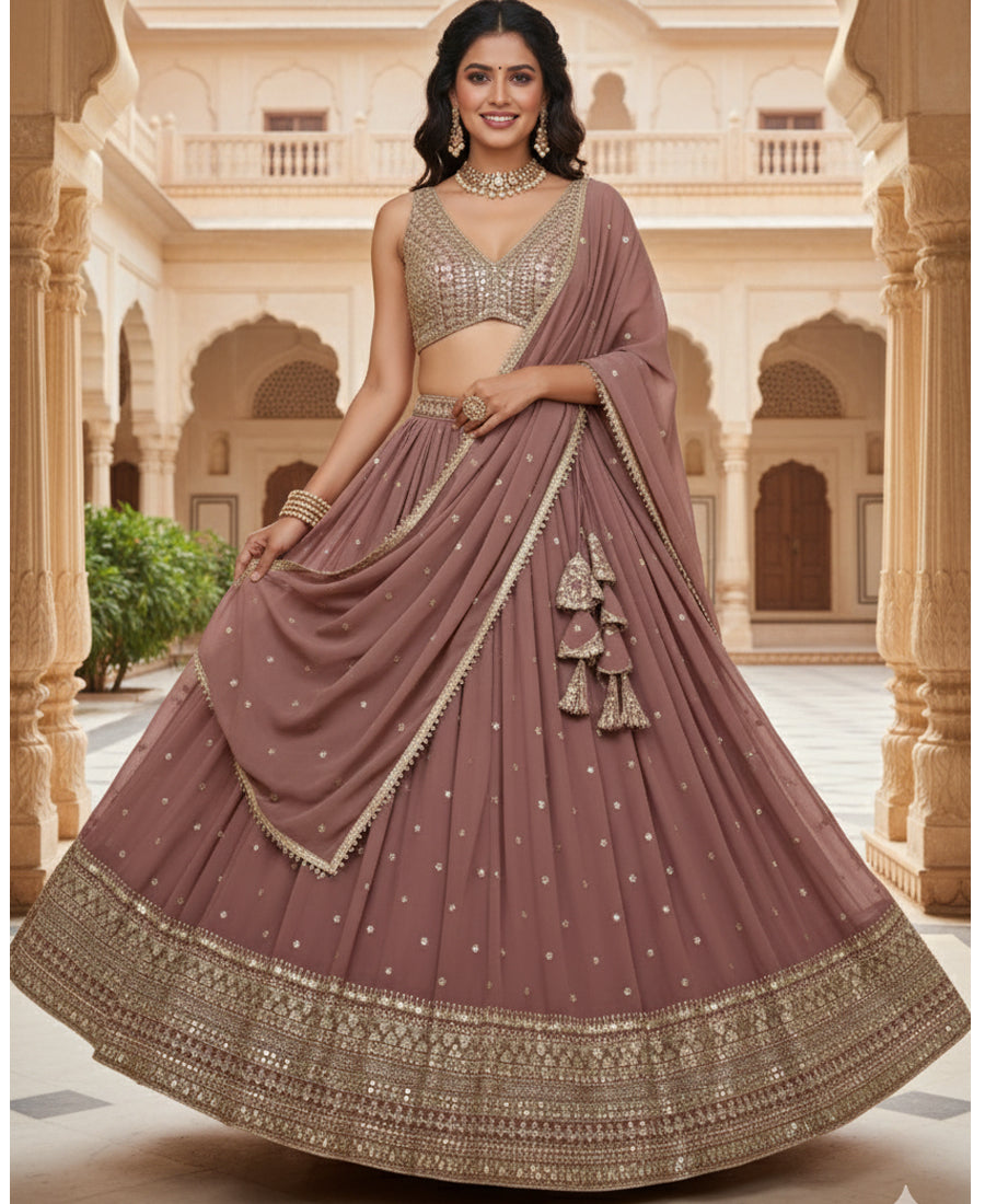 Copper Rose Color Sequins Embroidery Lehenga Choli