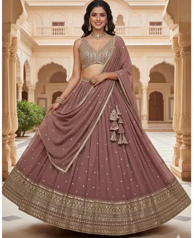 Copper Rose Color Sequins Embroidery Lehenga Choli