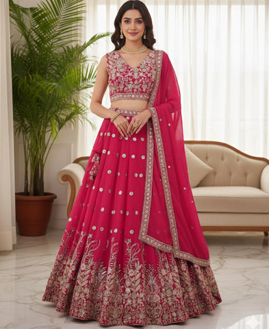 Red Color Georgette Sequins Work Semi-stiched Lehenga Choli