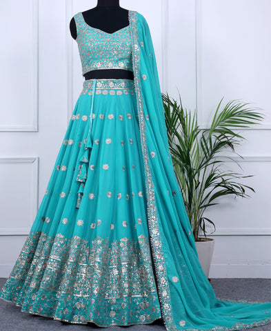 Pacific Blue Color Sequins Embroidery Lehenga Choli