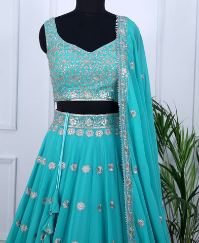 Pacific Blue Color Sequins Embroidery Lehenga Choli